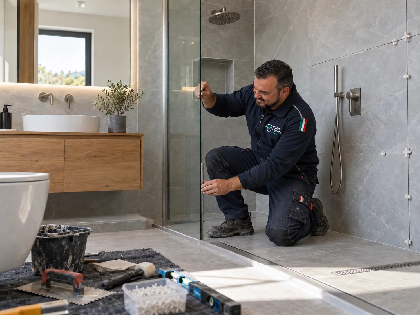 Professionista durante la ristrutturazione completa di un bagno
